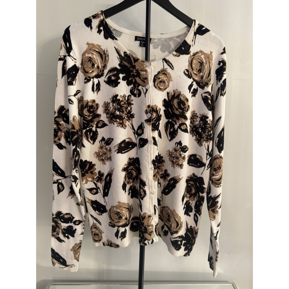 George Floral Button Front Cardigan Sz 2XL Cream Brown Cottagecore Soft‎ Knit